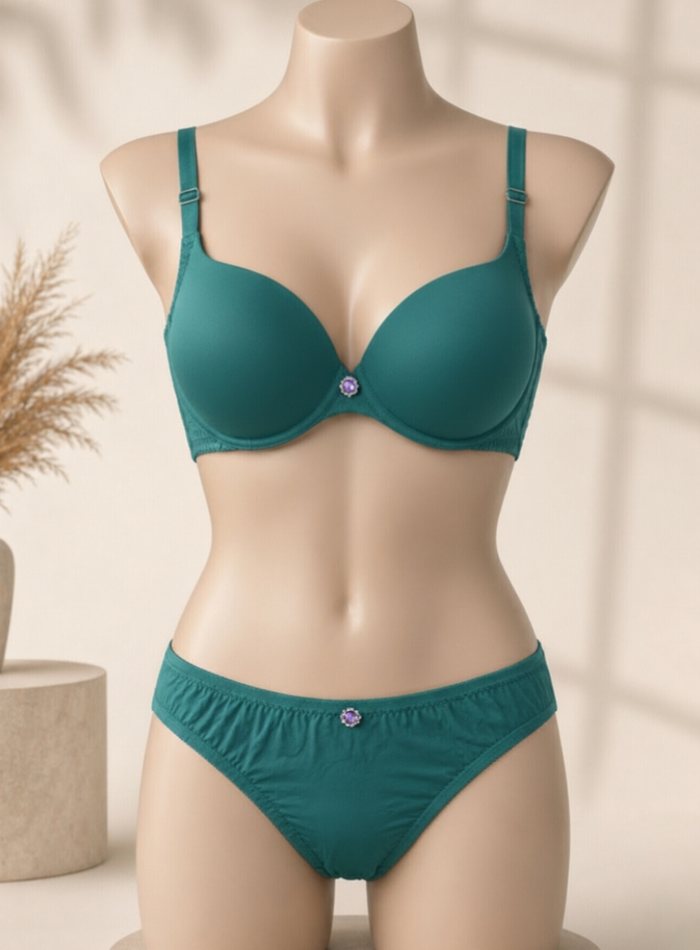 Teal push-up bra and brief set made by Puning Hesheng Garment
